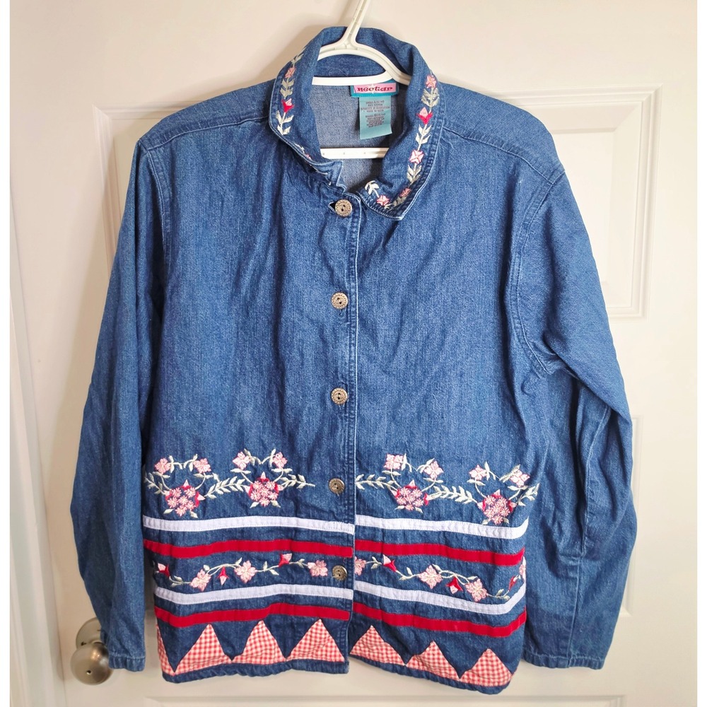 Nectar Denim Jacket Womens L Blue  Boho Floral Embroidered Vintage Festival